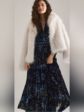 Anthropologie Navy Velvet Floral Dress with Ivory Drawstring Detail